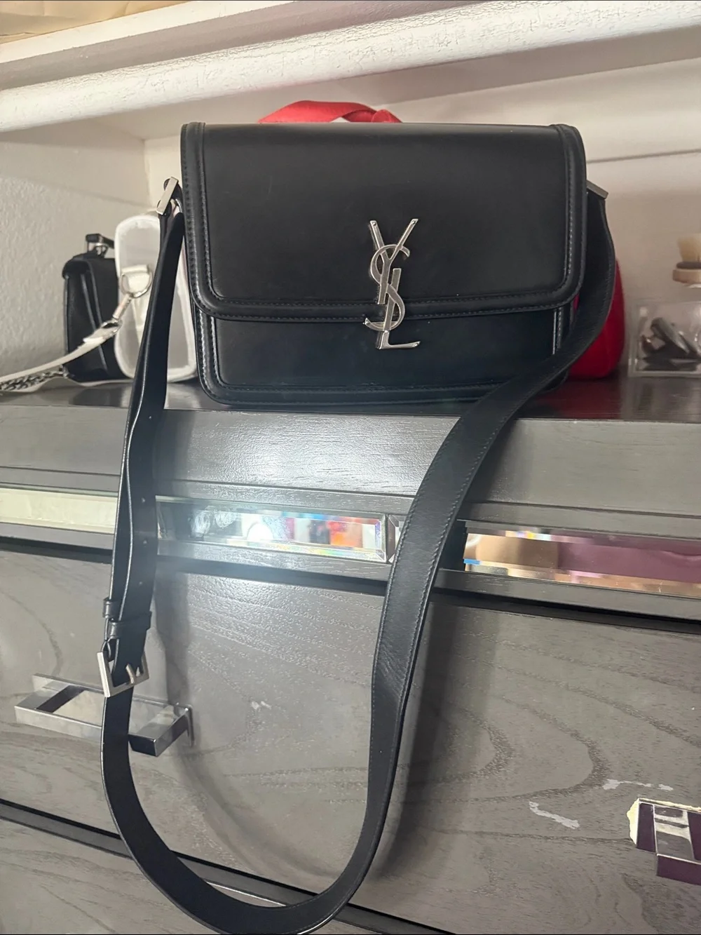 Saint Laurent Black Leather YSL Logo Messenger Bag